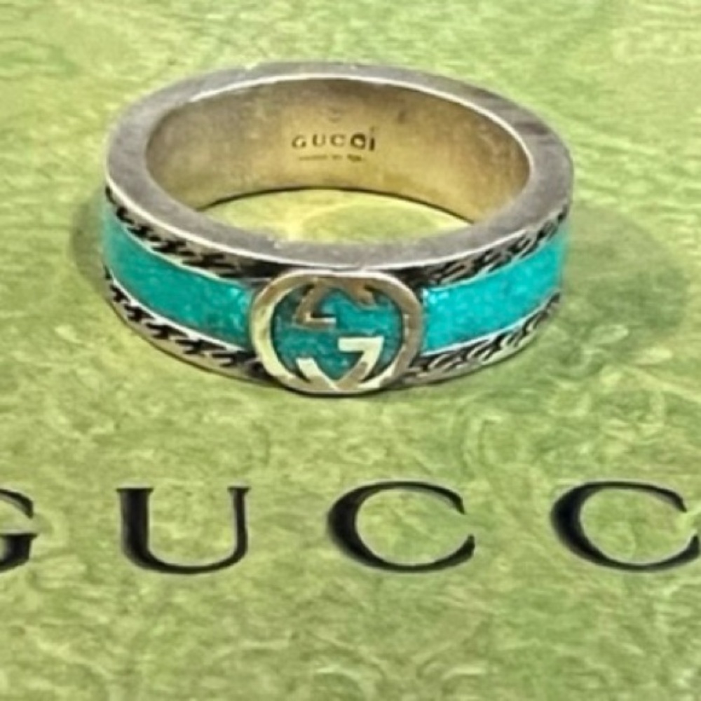 Gucci Sterling Silver Turquoise Ring sz 6.5 13 GG Interlocking Logo Gucci Rings